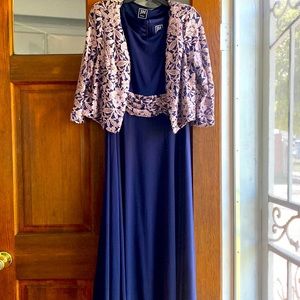 Never used navy blue dress with rose gold glitter decorated cardigan.